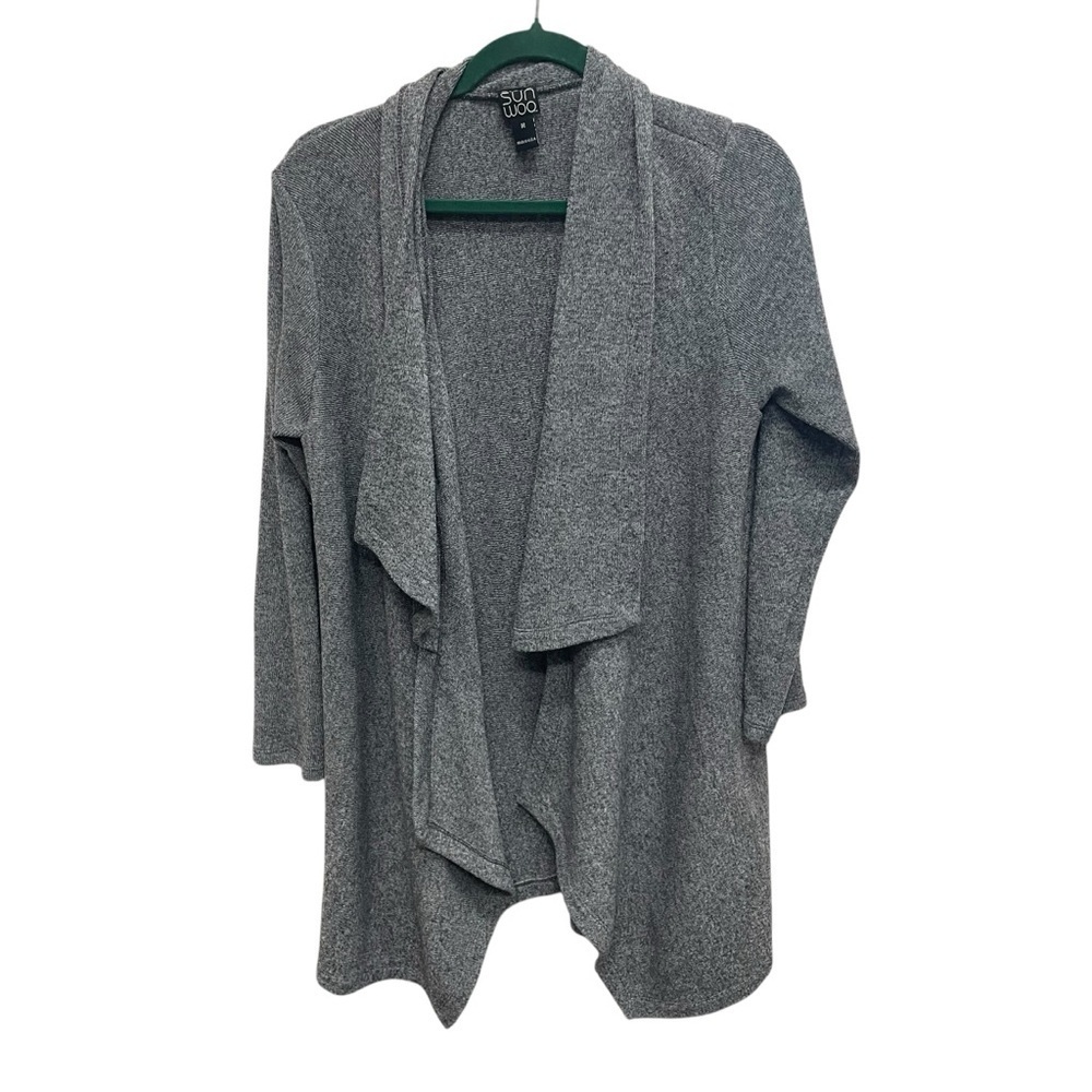 Clara Sun Woo Gray Open Front Draped Cardigan Sweater